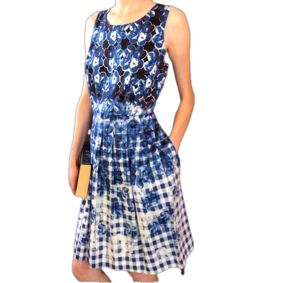 Talbots NWT Blue Floral Ombre Gingham Printed Fit And Flare Pleated Dress - Picture 1 of 11